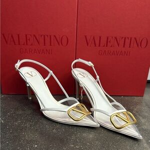 Valentino Garavani White and Gold Heels with VLogo